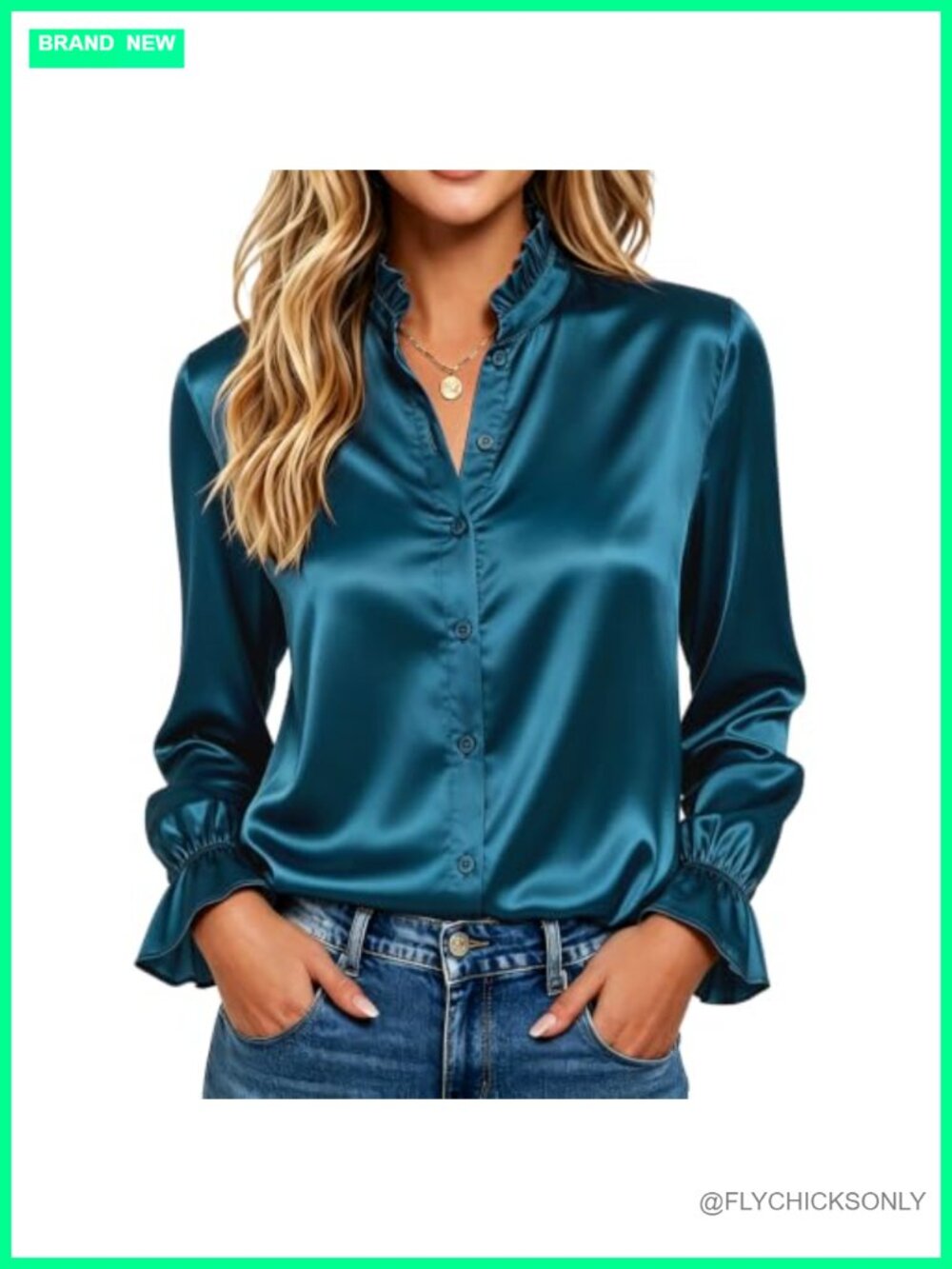 Silk Satin Ruffle Button Down Long Sleeve Blouse